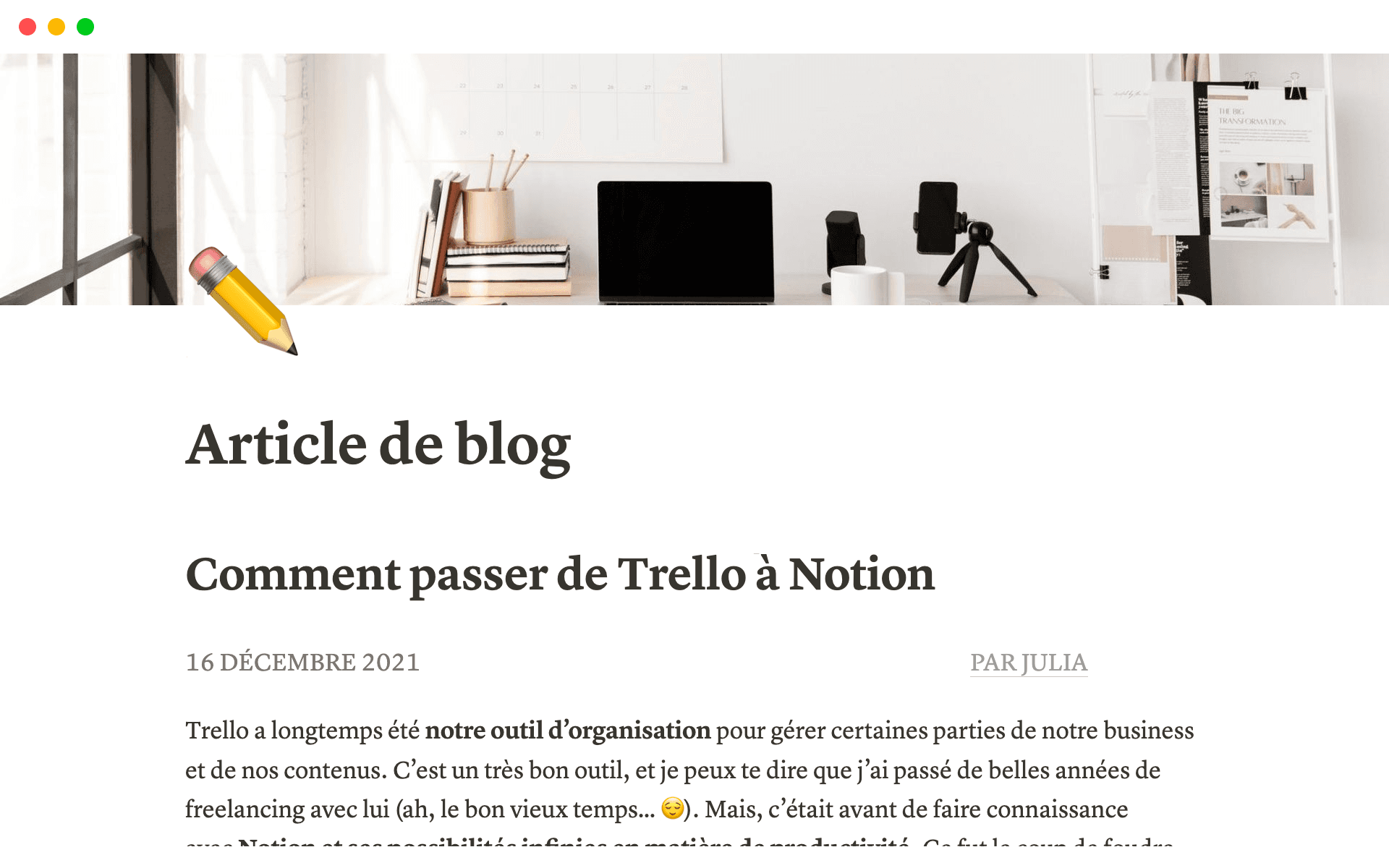 Screenshot of a blog post template on Notion.