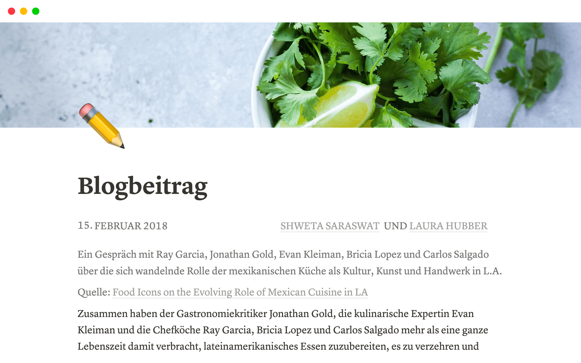 Screenshot of a blog post template on Notion.