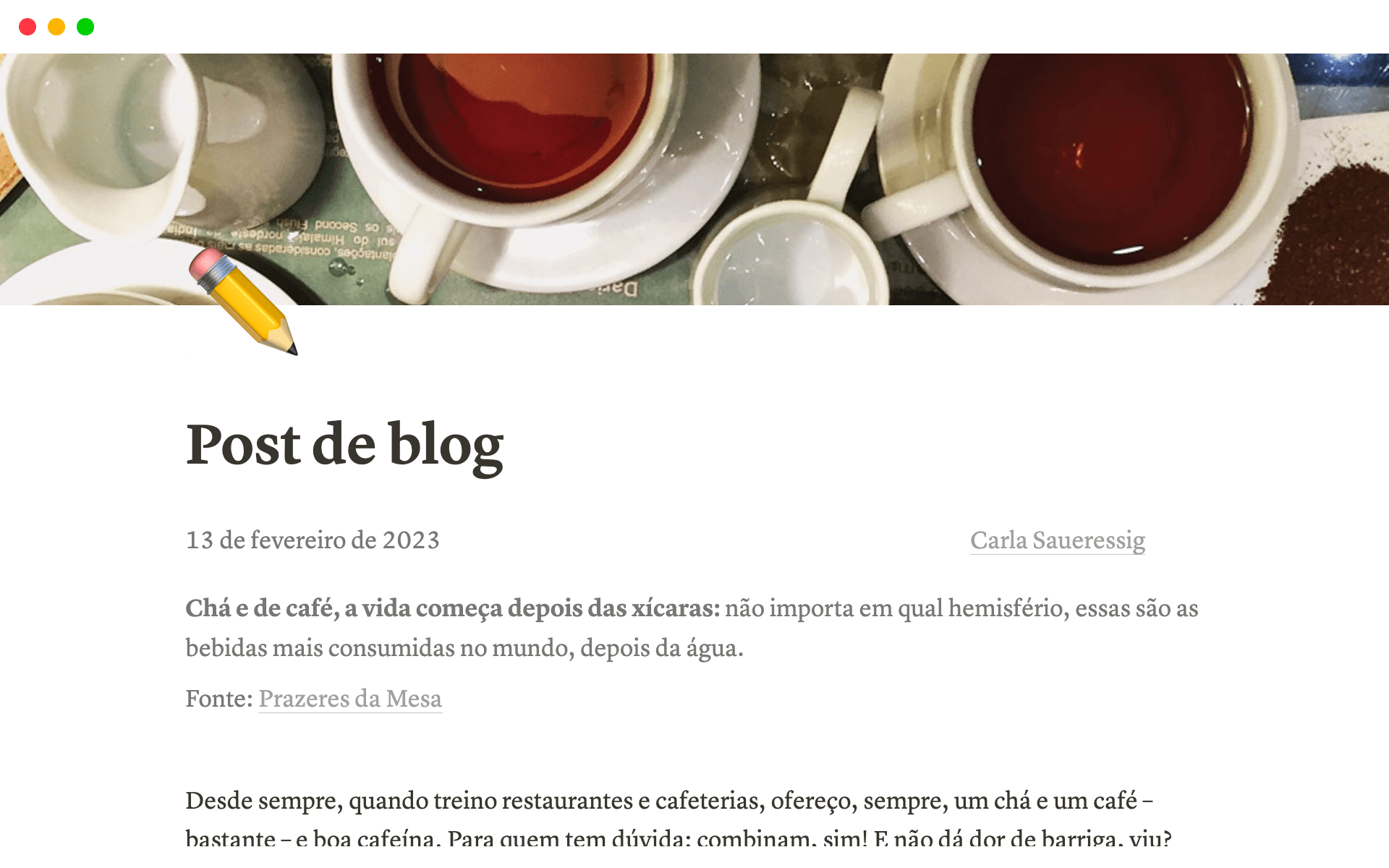 Screenshot of a blog post template on Notion.