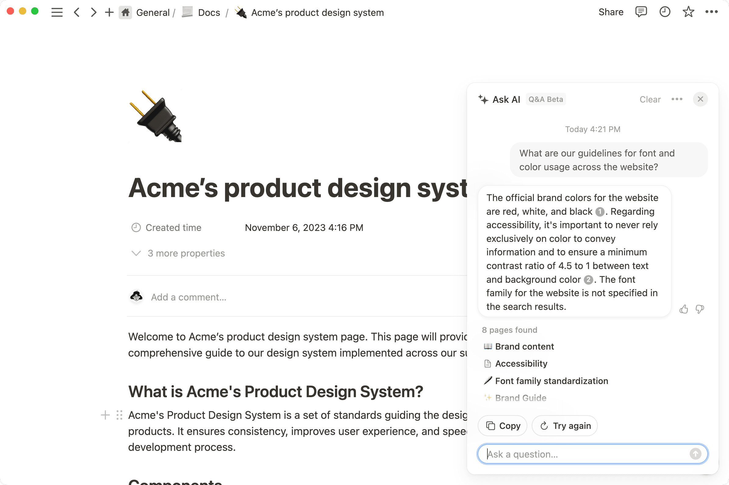 Consulta el conocimiento disponible en todo tu espacio de trabajo sin interrumpir tus tareas.