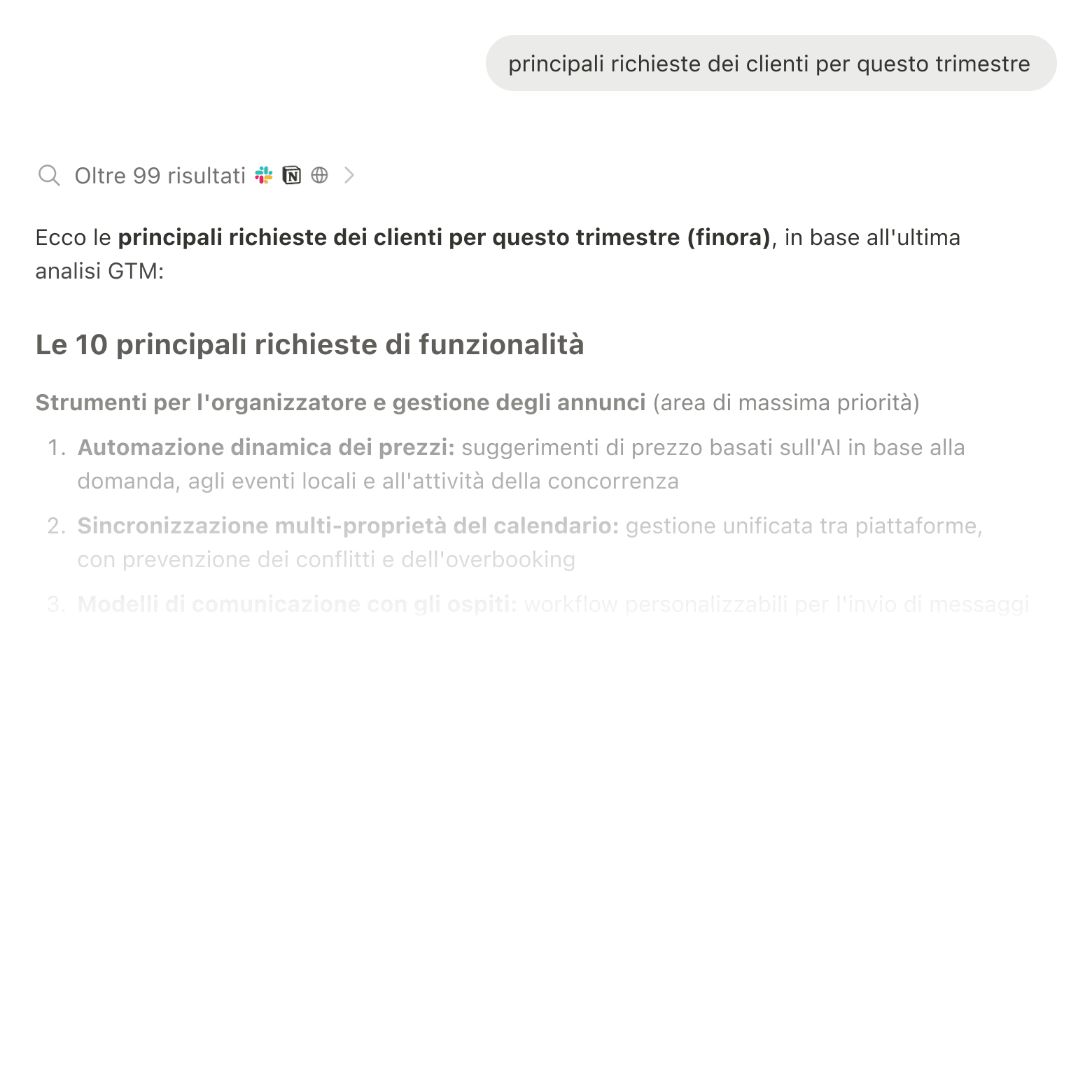 Risultati della ricerca che mostrano informazioni provenienti da Slack, Google Drive e Jira