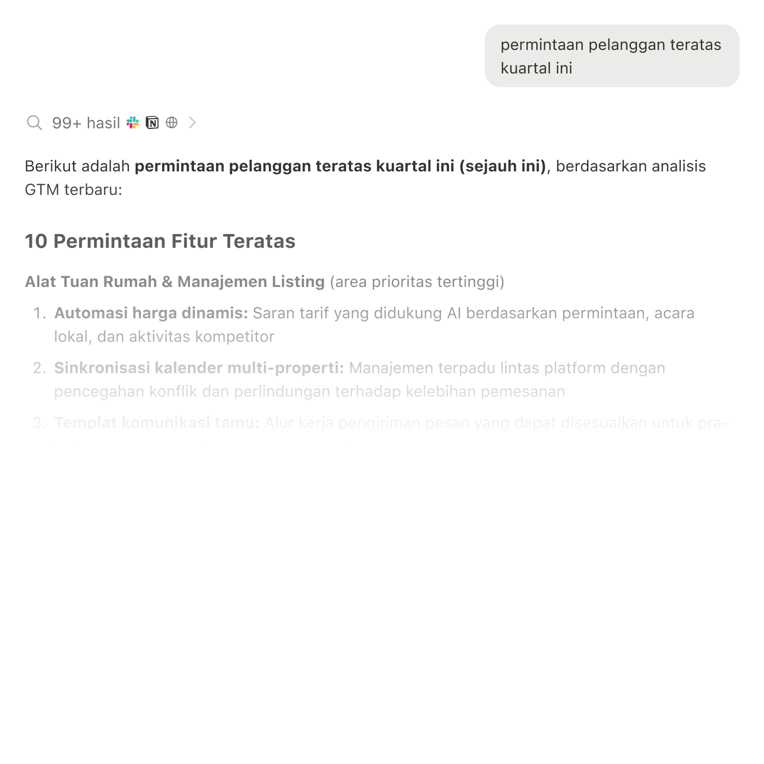 Hasil pencarian menampilkan informasi dari Slack, Google Drive, dan Jira