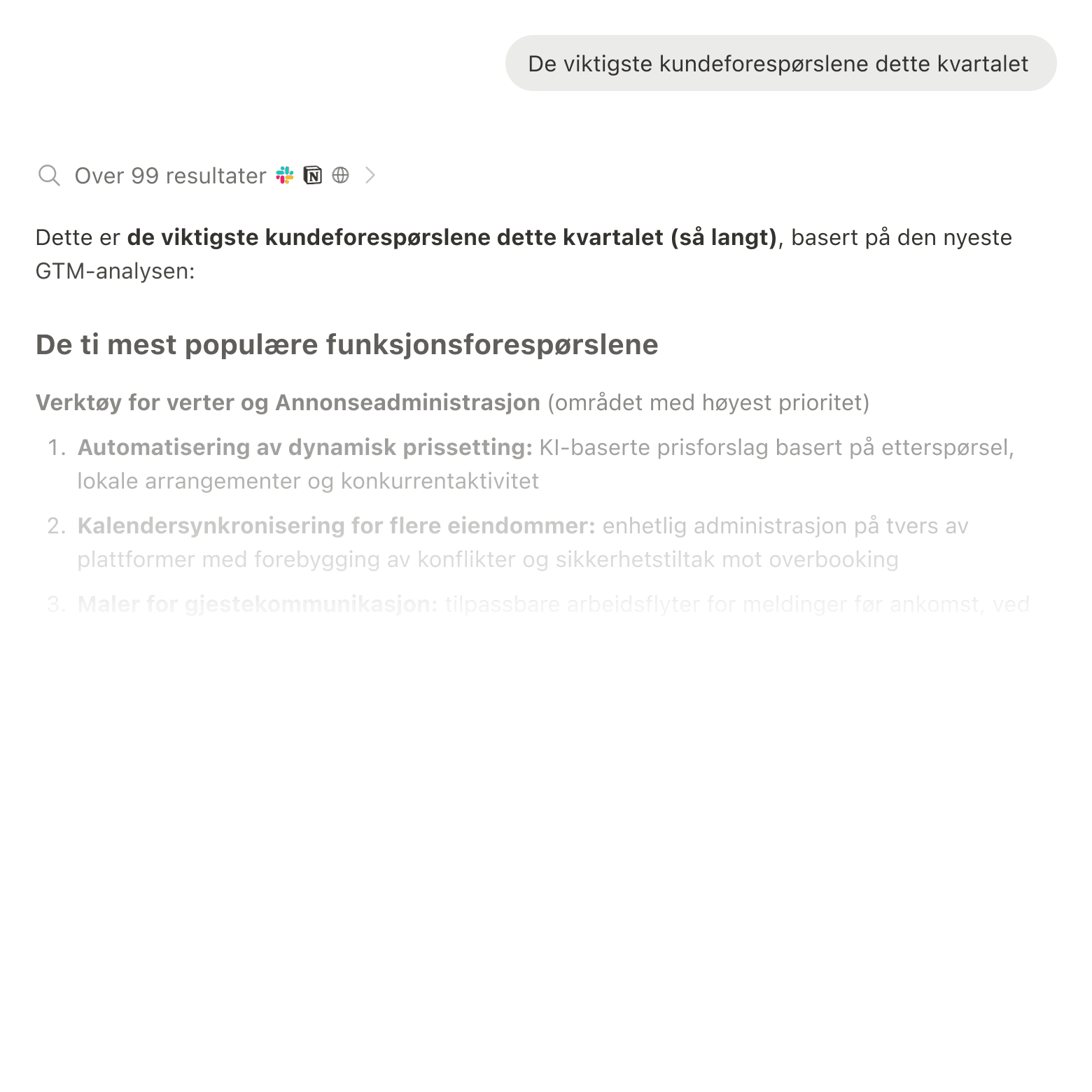 Søkeresultater som viser informasjon fra Slack, Google Drive og Jira