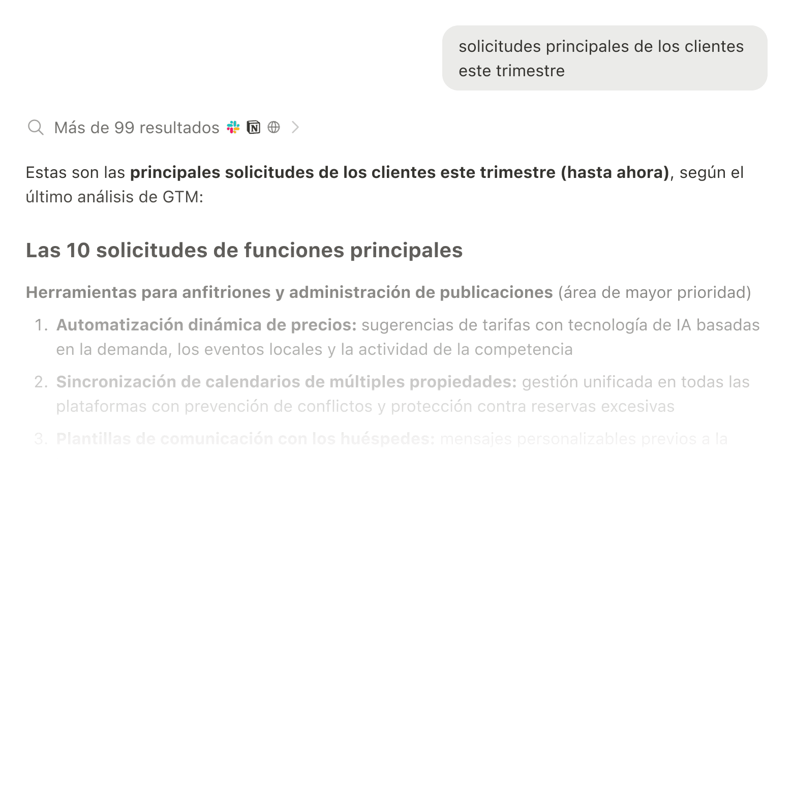 Resultados de búsqueda que muestran información de Slack, Google Drive y Jira