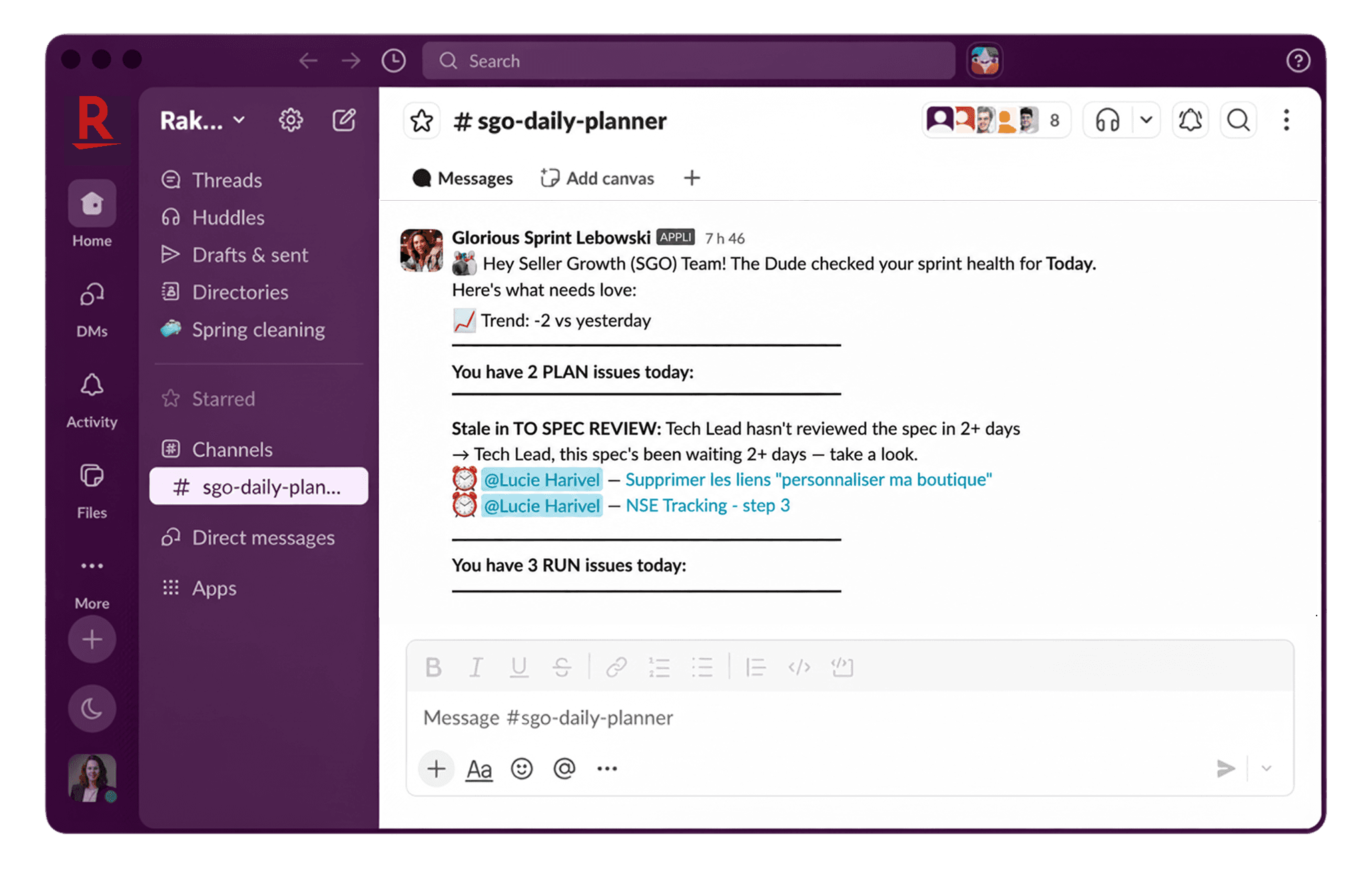 The Sprint Lebowski agent delivers a Slack report to every feature team, giving tech leads and product managers a clear picture of what needs attention before the day begins.