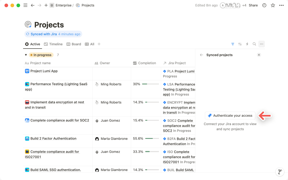 「アクセスを認証」をクリックして本人確認を行い、JiraプロジェクトをNotionに引き継ぎます