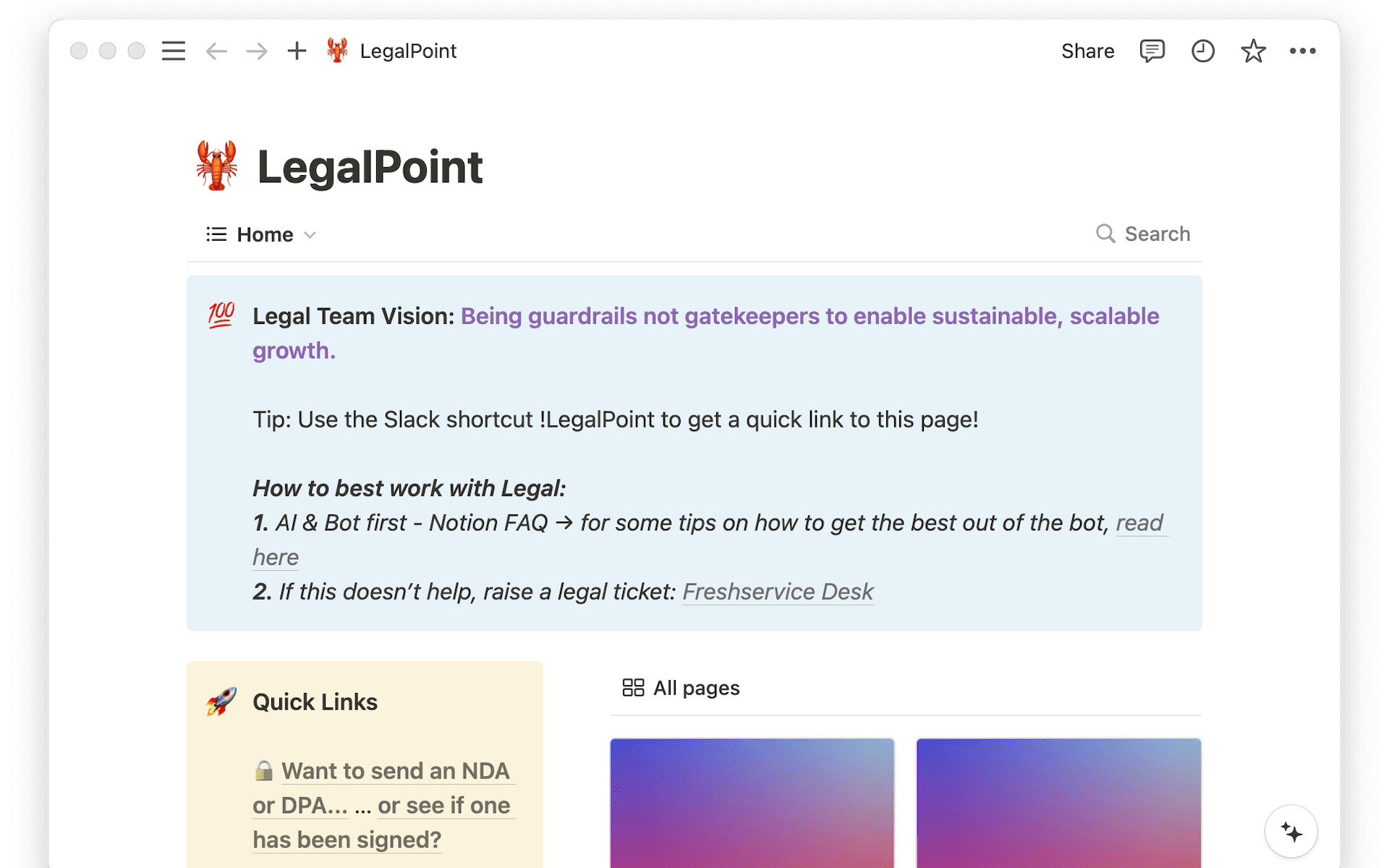The Liberis legal team's wiki is one of the most visited pages in the company's Notion workspace.