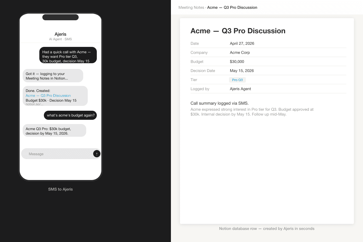 Run your Notion workspace from SMS, Whatsapp, Telegram. Log meeting notes, query CRM databases, append to your brain dump all from your phone.