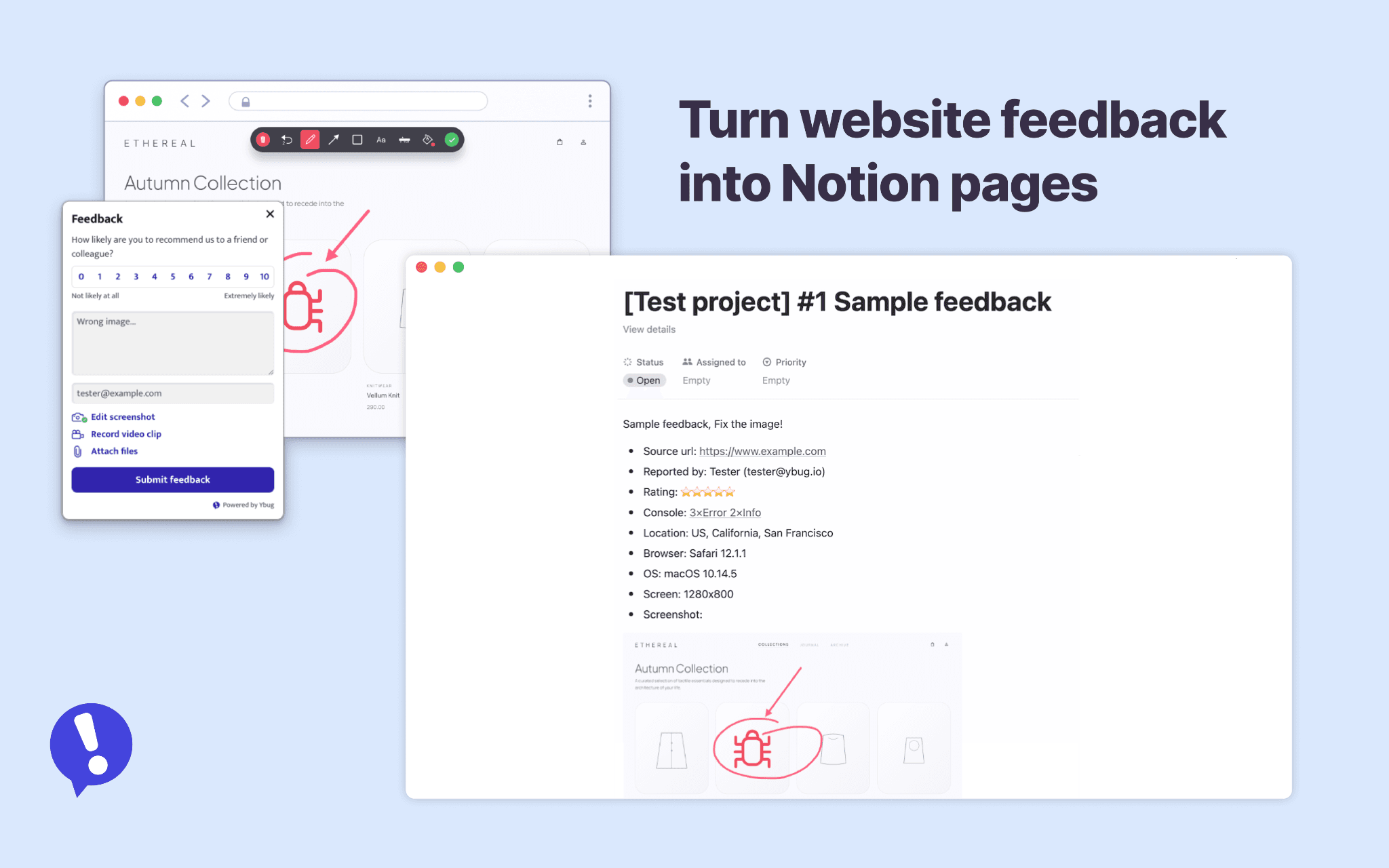 Send visual website feedback and bug reports directly to Notion.
