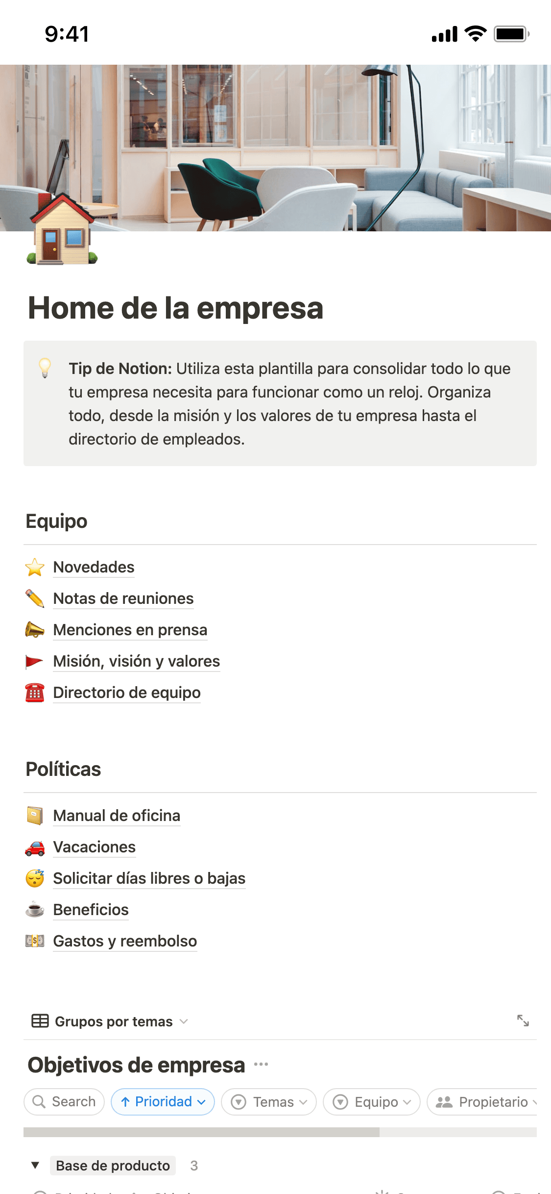 Una captura de pantalla de la aplicación móvil de Notion