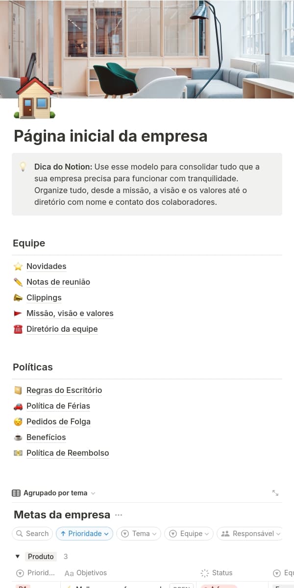 Captura de tela do aplicativo móvel do Notion