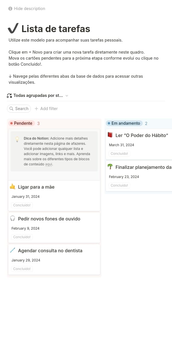 Captura de tela do aplicativo móvel do Notion