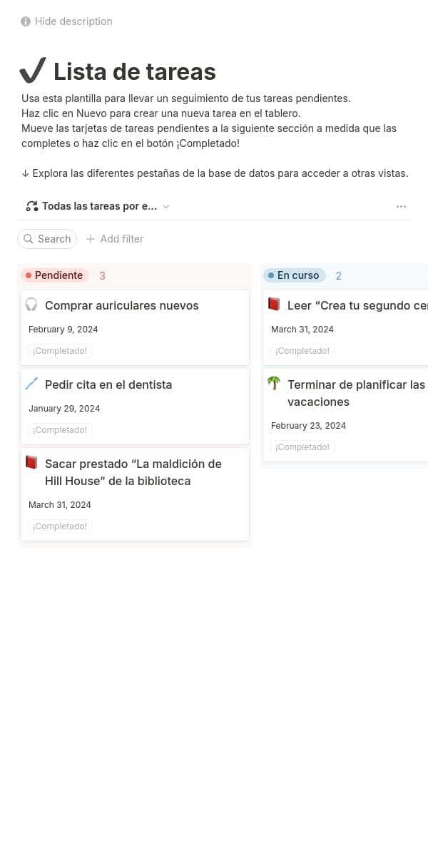 Una captura de pantalla de la aplicación móvil de Notion