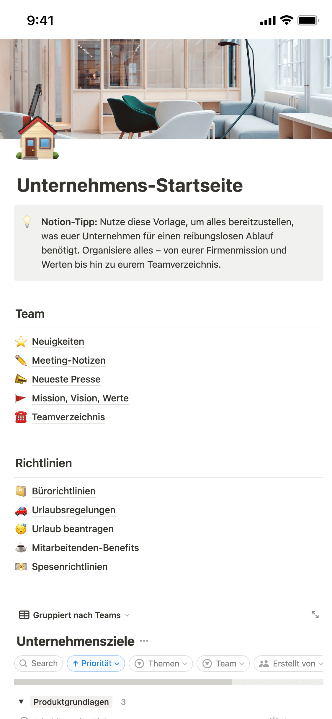 Screenshot der mobilen Notion-App