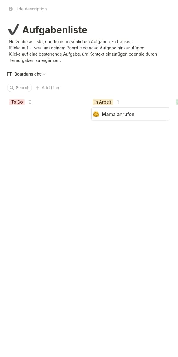 Screenshot der mobilen Notion-App