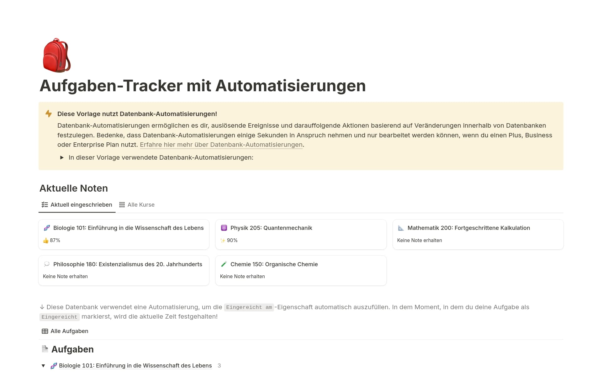 Eine Vorlagenvorschau für Aufgaben-Tracker mit Automatisierungen
